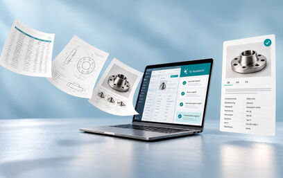AI assistant system for product data management: Laptop displays interface with checklist items, surrounded by technical documentation, product drawings, and metal flanges with product specification card