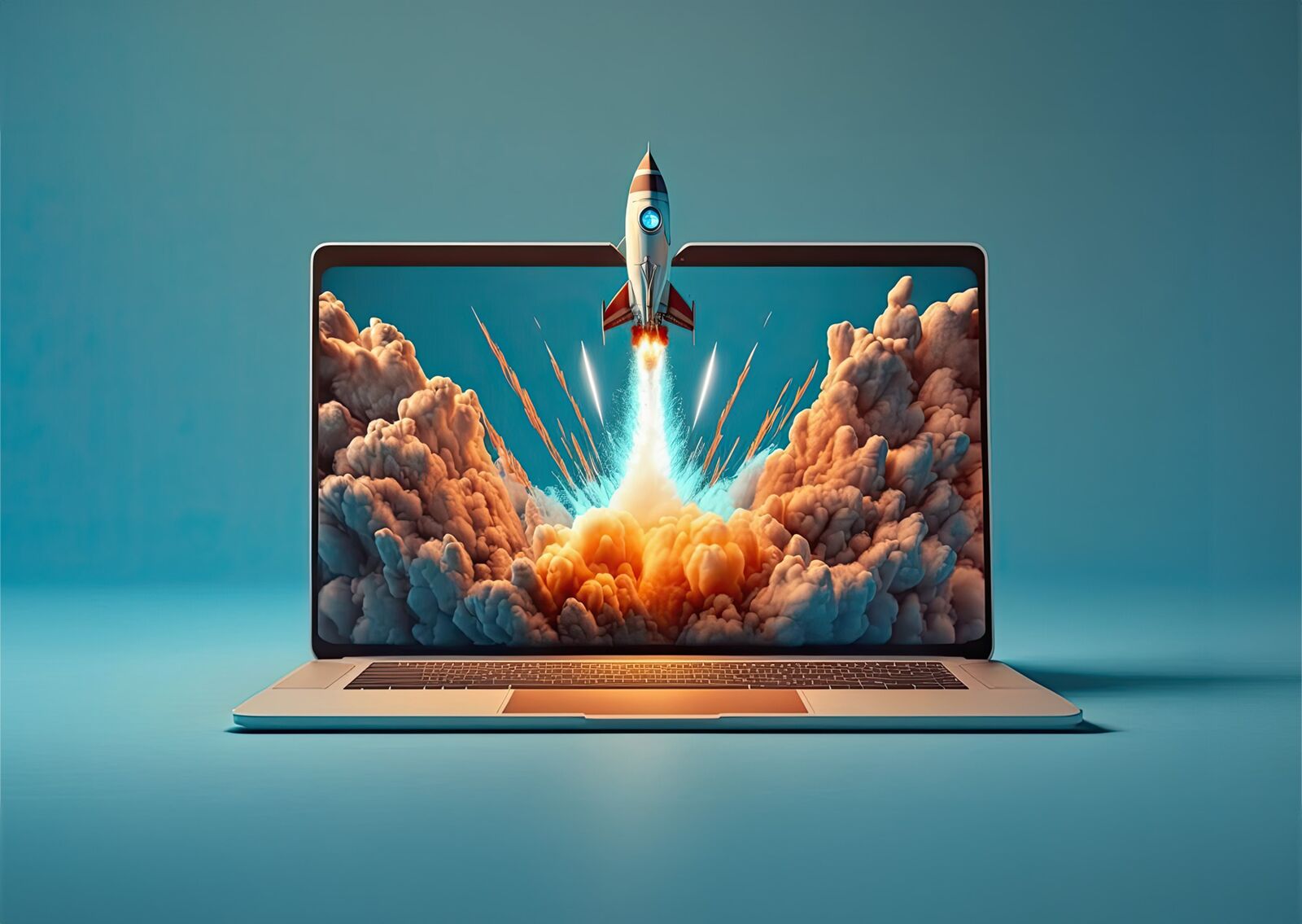 Animated image of a rocket flying out of a laptop screen