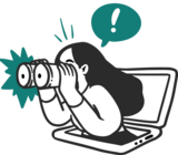 Drawn person comes out of the keyboard of a laptop with binoculars in front of his eyes
