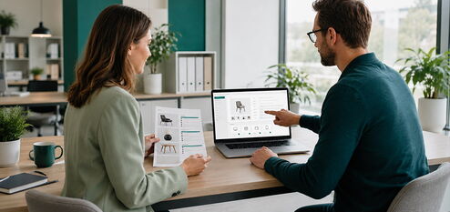 Two people in an office review product details on a laptop and printout at a wooden table.