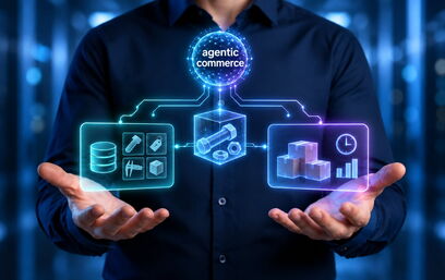 Person displaying glowing digital visualization of agentic commerce system: product database and icons on left, central hexagon with bolt, warehouse and analytics on right, illuminated sphere at top