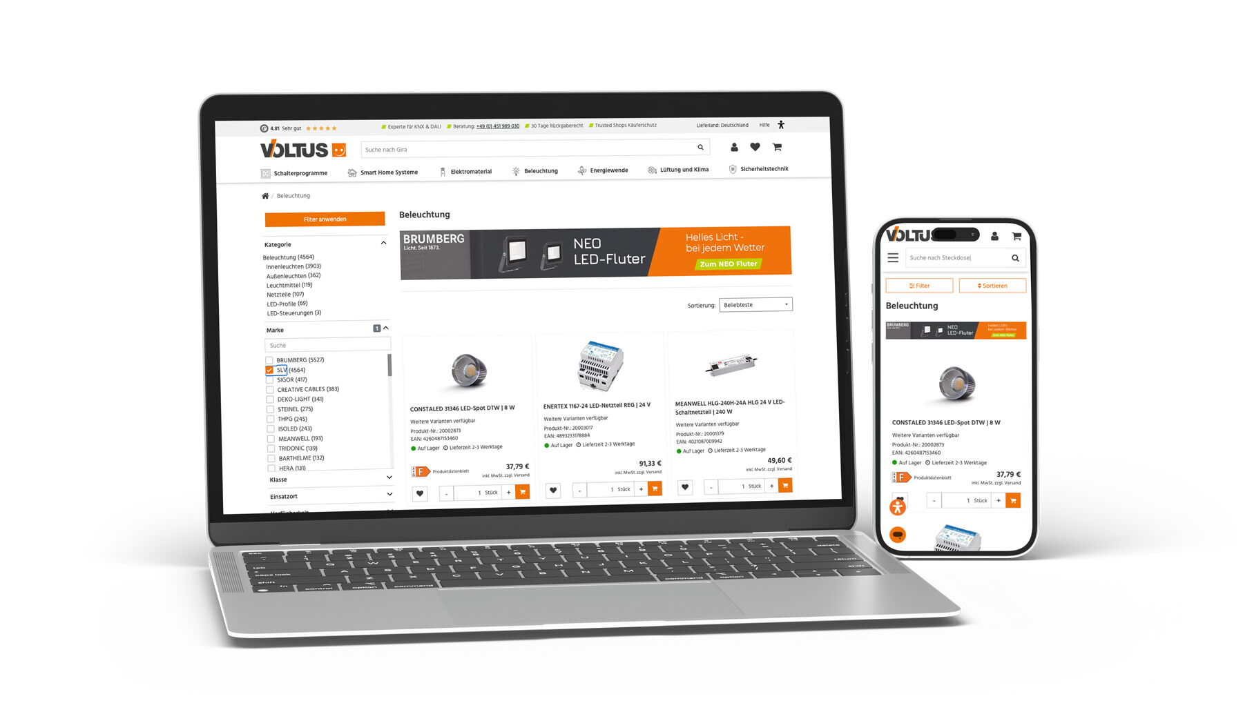 Voltus online shop for lighting shown on laptop and smartphone