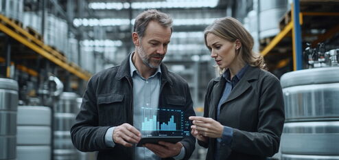 Zwei Geschäftsleute analysieren Daten auf einem Tablet in einer modernen Industriehalle