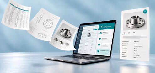 AI assistant system for product data management: Laptop displays interface with checklist items, surrounded by technical documentation, product drawings, and metal flanges with product specification card