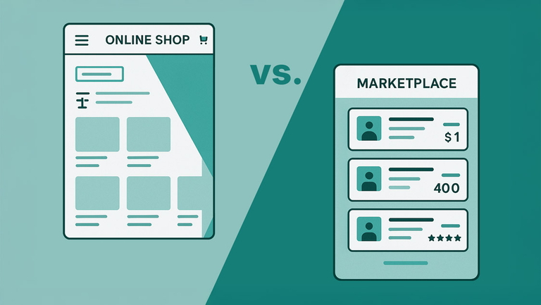Comparison of online shop and marketplace shown as UI-style graphic illustration