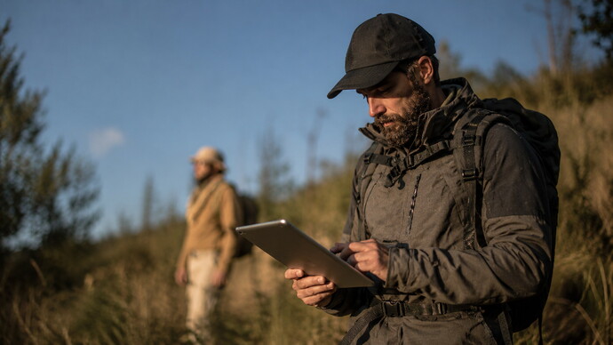 Mann mit Kappe und Rucksack hält ein Tablet in einer waldigen Landschaft, im Hintergrund eine weitere Person