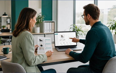 Two people in an office review product details on a laptop and printout at a wooden table.