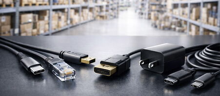 Various cables, connectors and a power adapter on a table with blurred warehouse shelves in the background