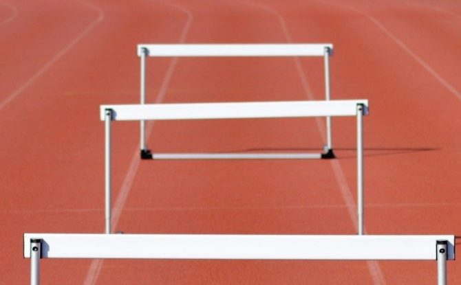 Hurdles on a tartan track