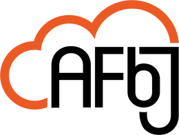 AFbJ logo featuring orange curved lines above black lettering