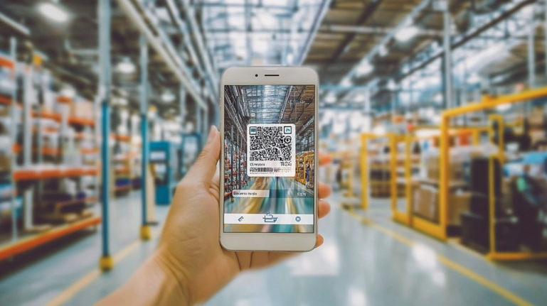 Hand holding smartphone with QR code scanner in a modern warehouse for digital product tracking