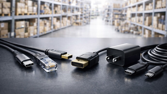 Various cables, connectors and a power adapter on a table with blurred warehouse shelves in the background