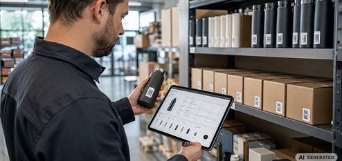 Mann mit Tablet und Handscanner vor Lagal mit schwarzen und braunen Kartons und Behältern, nimmt Bestandsdaten auf