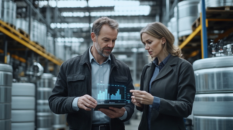 Two business professionals analyzing data on a tablet in a modern industrial hall