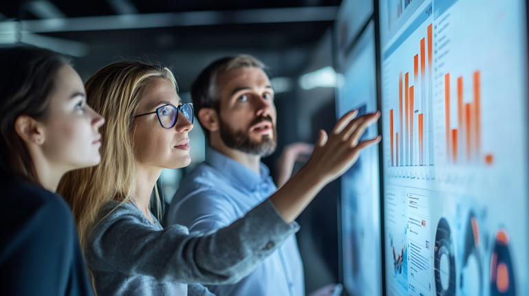 Team analyzing data on large screen for optimized monitoring with Microsoft Dynamics 365