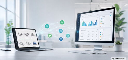 Office desk setup with laptop and monitor connected by colorful icons representing e-commerce, users, and shopping, visualizing integration between two business platforms