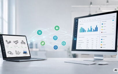 Office desk setup with laptop and monitor connected by colorful icons representing e-commerce, users, and shopping, visualizing integration between two business platforms