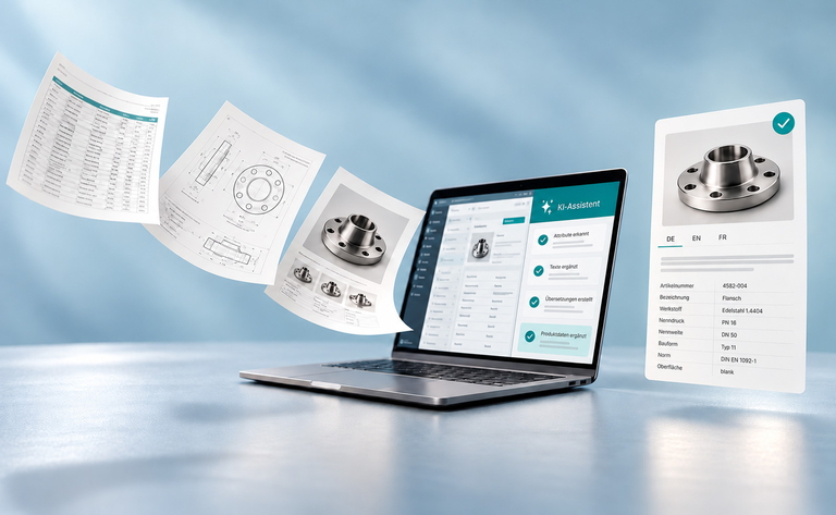 AI assistant system for product data management: Laptop displays interface with checklist items, surrounded by technical documentation, product drawings, and metal flanges with product specification card