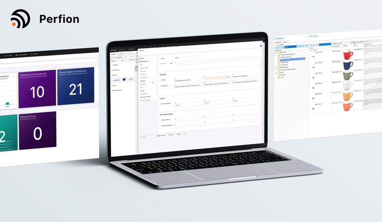 Perfion PIM Oberfläche auf Laptop mit Dashboards und Produktdatenansicht für effiziente Pflege