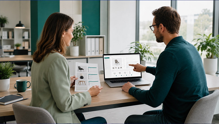 Two people in an office review product details on a laptop and printout at a wooden table.