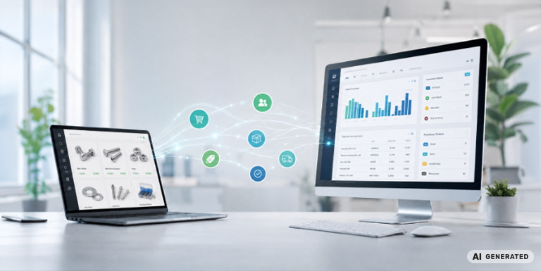 Office desk setup with laptop and monitor connected by colorful icons representing e-commerce, users, and shopping, visualizing integration between two business platforms