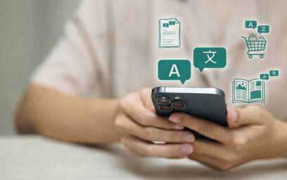 A translation icon hovers above a smartphone. Above it are further icons for documents, shopping carts, and magazines.