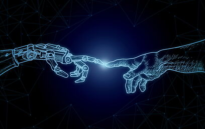 Illustration human and robot hand touching, symbol of AI and technology