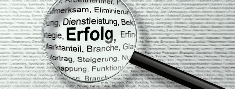 Lupe die das Wort Erfolg hervorhebt