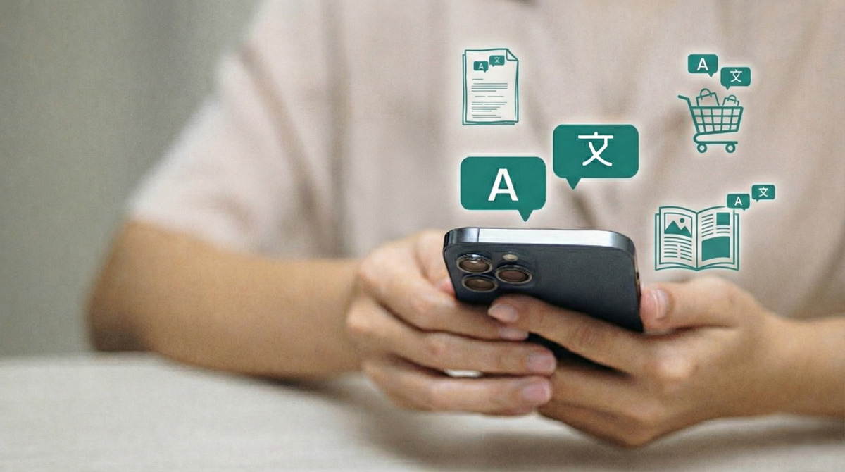 A translation icon hovers above a smartphone. Above it are further icons for documents, shopping carts, and magazines.